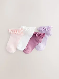 Sokken En Panty's|Sokken En Panty's*Next Roze. Paars en wit - 4 Paar sneakersokken met ruche en hoog katoengehalte