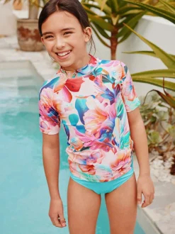 Badkleding*Next Roze tropisch - Short Sleeve Sunsafe Rash Vest And Pant Swim Set (3-16yrs)