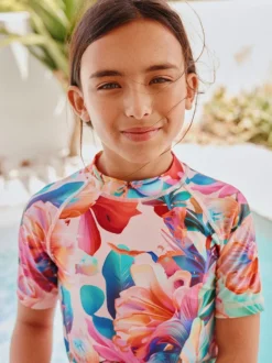 Badkleding*Next Roze tropisch - Short Sleeve Sunsafe Rash Vest And Pant Swim Set (3-16yrs)