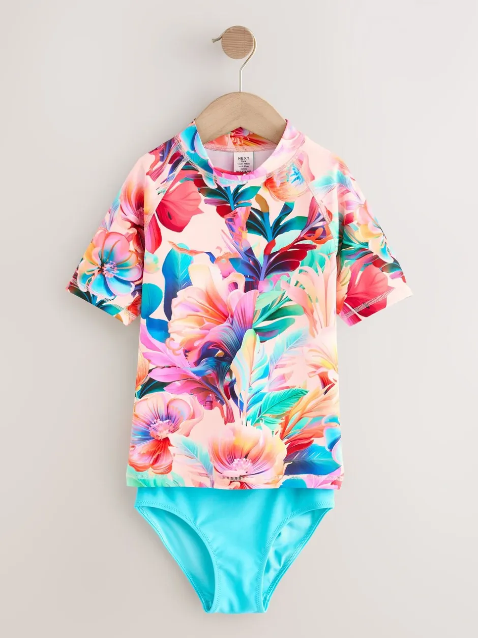 Badkleding*Next Roze tropisch - Short Sleeve Sunsafe Rash Vest And Pant Swim Set (3-16yrs)