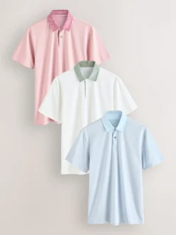 Poloshirts|Next Roze/blauw/wit geweven kraag - Set van 3 jersey poloshirts met korte mouwen