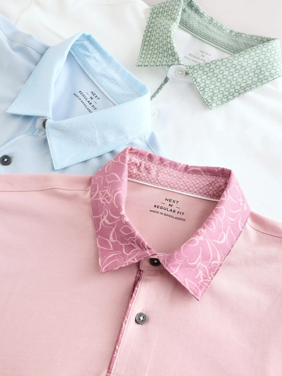 Poloshirts|Next Roze/blauw/wit geweven kraag - Set van 3 jersey poloshirts met korte mouwen