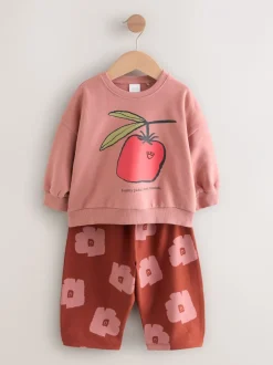 Sets En Combisets|Truien En Breisels*Next Roze/bruine tomaat - Set van sweatshirt en joggingbroek met rechte wijde pijpen (3mnd -7jr)