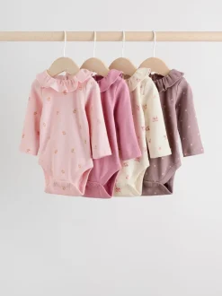 Rompertjes En Hemdjes*Next - Verpakking van 4 babyrompers met lange mouwen en ruches (0mnd-2jr) Roze/crème/bruin met fijne bloemetjesprint