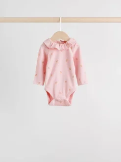 Rompertjes En Hemdjes*Next - Verpakking van 4 babyrompers met lange mouwen en ruches (0mnd-2jr) Roze/crème/bruin met fijne bloemetjesprint