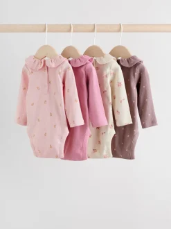 Rompertjes En Hemdjes*Next - Verpakking van 4 babyrompers met lange mouwen en ruches (0mnd-2jr) Roze/crème/bruin met fijne bloemetjesprint