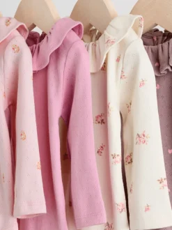 Rompertjes En Hemdjes*Next - Verpakking van 4 babyrompers met lange mouwen en ruches (0mnd-2jr) Roze/crème/bruin met fijne bloemetjesprint