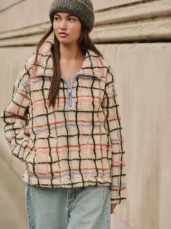 Hoody's En Sweatshirts|Next Roze/ecru geruit - Soft Touch Knusse Teddy Borg Kwartrondrits Fleece