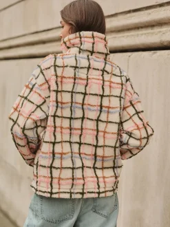 Hoody's En Sweatshirts|Next Roze/ecru geruit - Soft Touch Knusse Teddy Borg Kwartrondrits Fleece