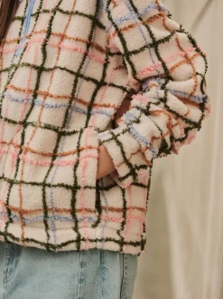 Hoody's En Sweatshirts|Next Roze/ecru geruit - Soft Touch Knusse Teddy Borg Kwartrondrits Fleece