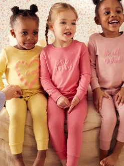 Multipacks|Nachtkleding En Pyjama's|Next - Verpakking van 3 knusse pyjama's met print (9 mnd - 12 jr) Roze/geel met slogan