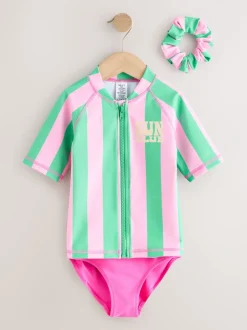 Badkleding|Next - Sunsafe Rash Vest Bikini And Scrunchie Swim Set (3-16yrs) Roze/groene strepen