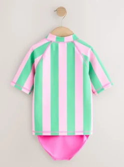 Badkleding|Next - Sunsafe Rash Vest Bikini And Scrunchie Swim Set (3-16yrs) Roze/groene strepen