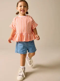 Tops|T-Shirts|Next Roze/oranje gestreept - T-shirt met peplum en korte mouwen (3mnd -7jr)
