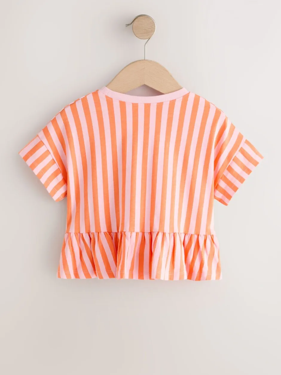 Tops|T-Shirts|Next Roze/oranje gestreept - T-shirt met peplum en korte mouwen (3mnd -7jr)