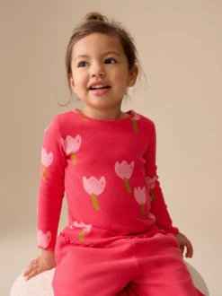 Tops*Next Roze/rood met bloemen - Geribbeld T-shirt met lange mouwen (3mnd-7jr)