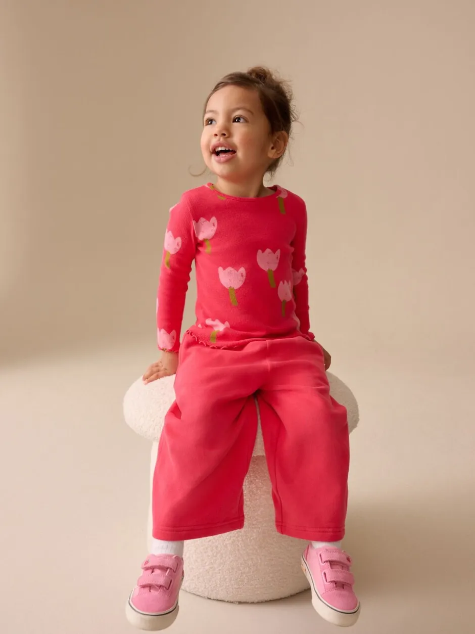 Tops*Next Roze/rood met bloemen - Geribbeld T-shirt met lange mouwen (3mnd-7jr)