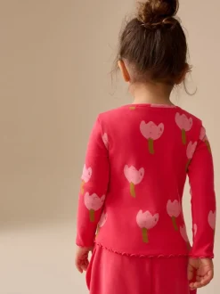 Tops*Next Roze/rood met bloemen - Geribbeld T-shirt met lange mouwen (3mnd-7jr)