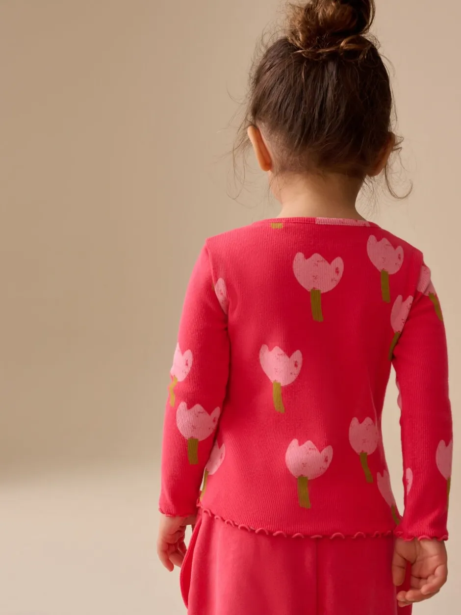 Tops*Next Roze/rood met bloemen - Geribbeld T-shirt met lange mouwen (3mnd-7jr)