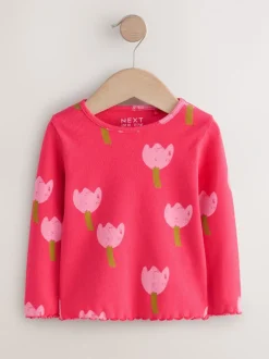 Tops*Next Roze/rood met bloemen - Geribbeld T-shirt met lange mouwen (3mnd-7jr)