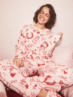 Pyjama's|Loungewear|Next - Geribbelde pyjama met lange mouwen Roze/rood met hart
