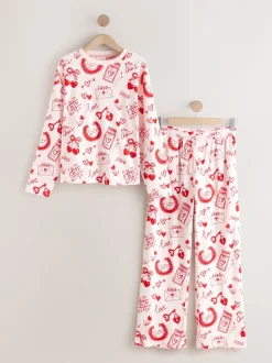 Pyjama's|Loungewear|Next - Geribbelde pyjama met lange mouwen Roze/rood met hart