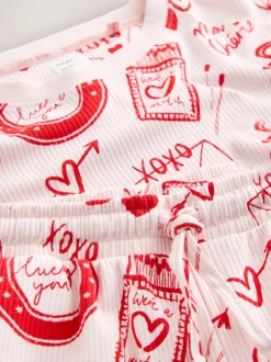Pyjama's|Loungewear|Next - Geribbelde pyjama met lange mouwen Roze/rood met hart