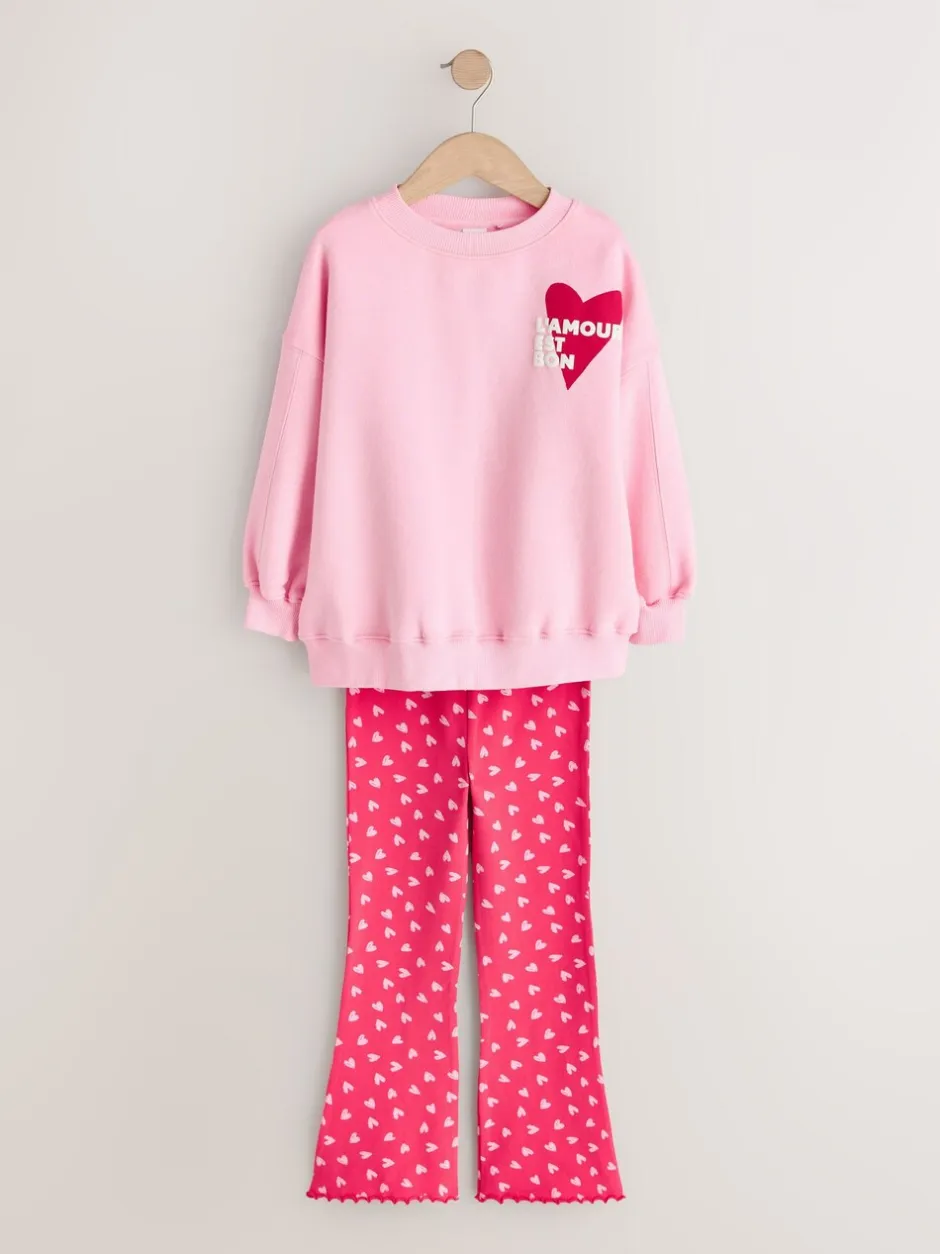 Sets En Outfits|Sweaters En Hoody´S|Next - Sweatshirt and Flare Leggings Set (3-16yrs) Roze/rood met hart