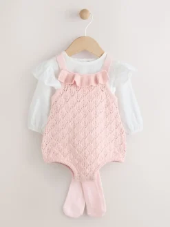 Rompertjes En Tuinbroeken|Next Roze/wit - 3 -delige babyset van rompertje en gebreide bretelbroeken met panty (0mnd-2jr)