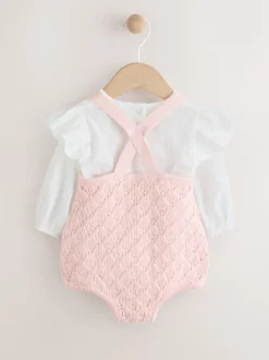 Rompertjes En Tuinbroeken|Next Roze/wit - 3 -delige babyset van rompertje en gebreide bretelbroeken met panty (0mnd-2jr)