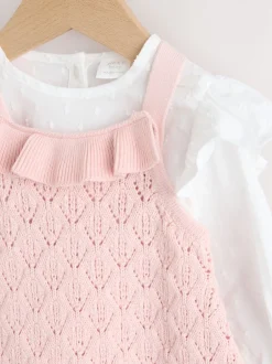 Rompertjes En Tuinbroeken|Next Roze/wit - 3 -delige babyset van rompertje en gebreide bretelbroeken met panty (0mnd-2jr)