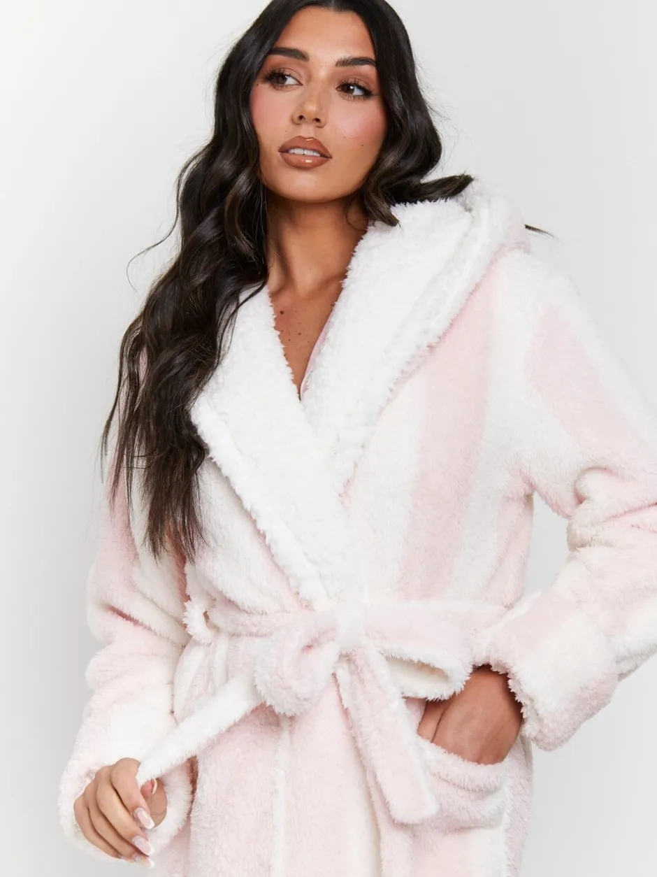 Badjassen|Loungeable - - Dikke gestreepte midi-badjas met capuchon van sherpa Roze/wit