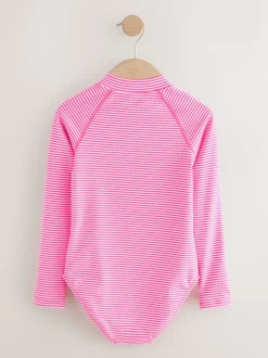 Badkleding|Next - Textured Long Sleeve Sunsafe Swimsuit (3-16yrs) Roze/wit gestreept