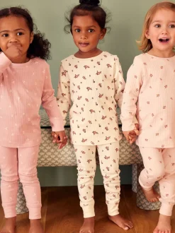 Nachtkleding En Pyjama's|Pyjama's|Next - Knusse geribbelde pyjama's 3 verpakking (9mnd-12jr) Roze/witte Ditsy