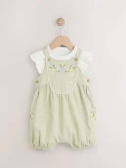 Tuinbroeken*Next - Korte mouwen 100% katoenen rompertje en bretelbroek voor baby's set (0 mnd - 2 jr) Saliegroen geborduurd bloemenmotief