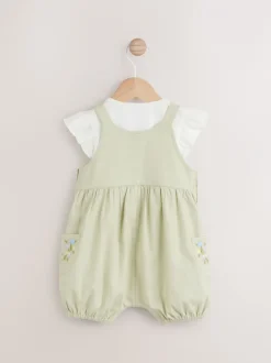 Tuinbroeken*Next - Korte mouwen 100% katoenen rompertje en bretelbroek voor baby's set (0 mnd - 2 jr) Saliegroen geborduurd bloemenmotief