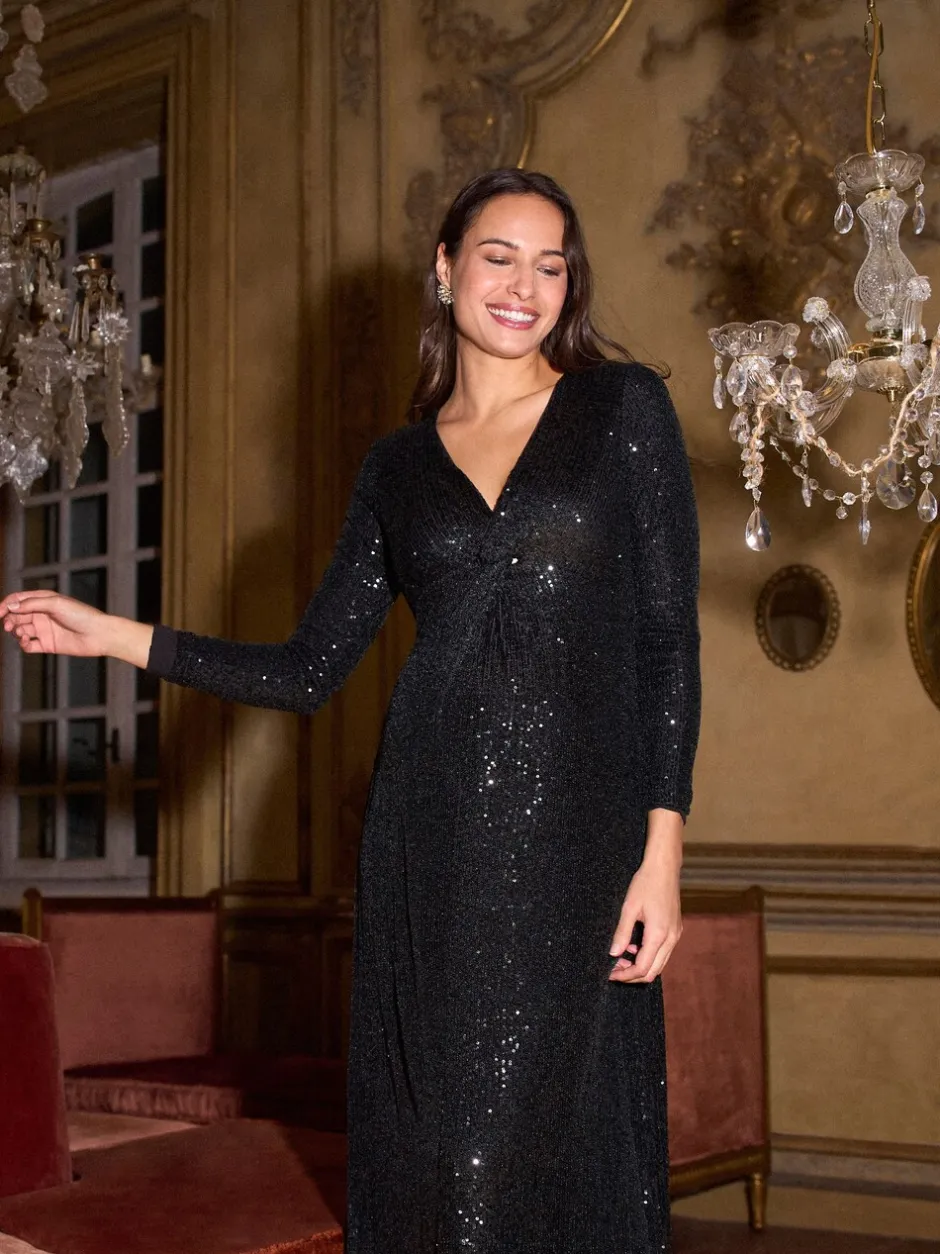 Jurken|Moederschap*Seraphine maxi-zwangerschapsjurk met lovertjes en knoopsluiting aan de voorkant