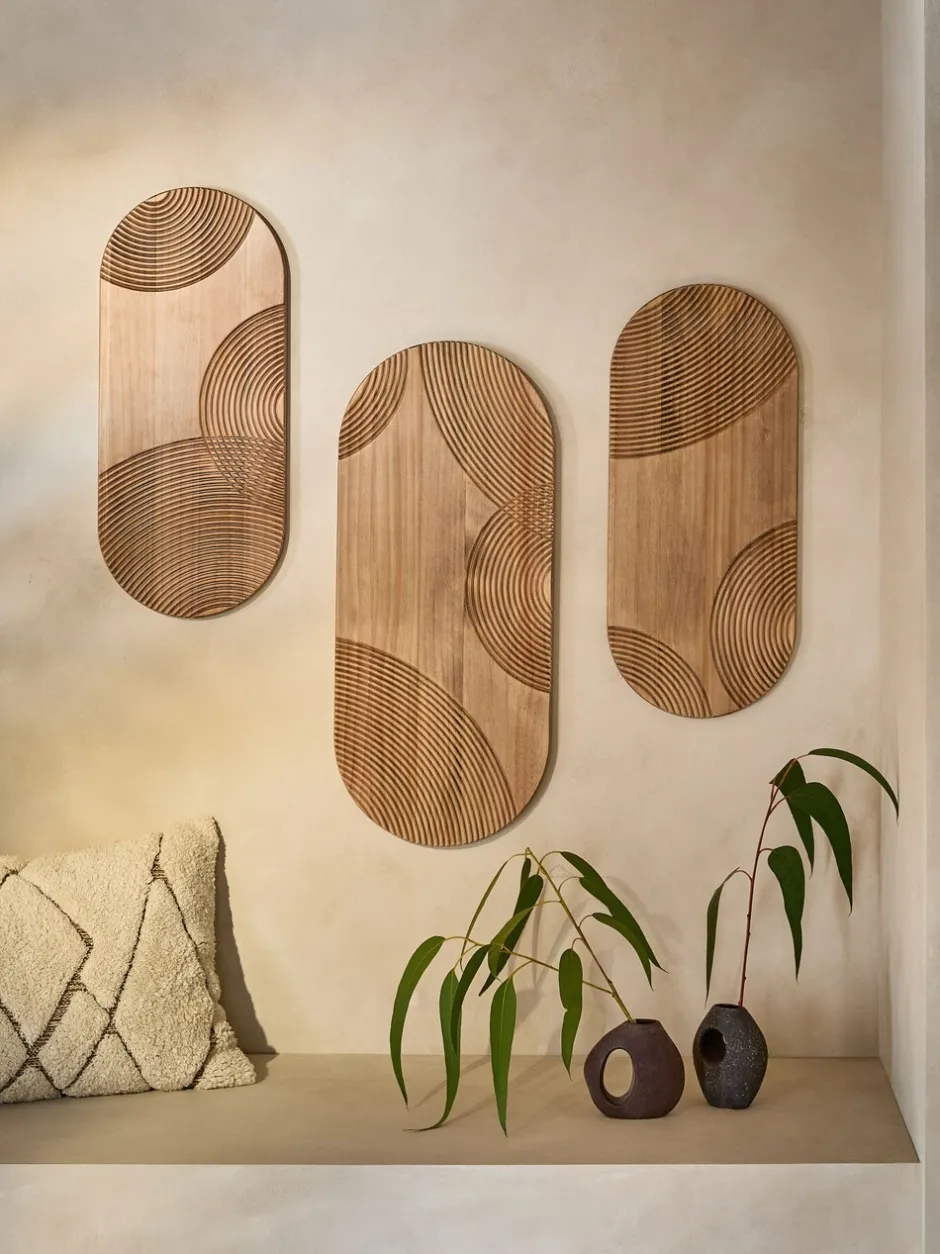Canvassen En Kunst Voor Aan De Wand*Next Set of 3 Wooden Global Carved Pill Wall Art