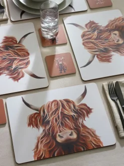 Tafellinnen En Placemats |Tafelgerei*Next Set van 4 Hamish The Highland Cow placemats en onderzetters met kurken achterkant