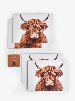 Tafellinnen En Placemats |Tafelgerei*Next Set van 4 Hamish The Highland Cow placemats en onderzetters met kurken achterkant