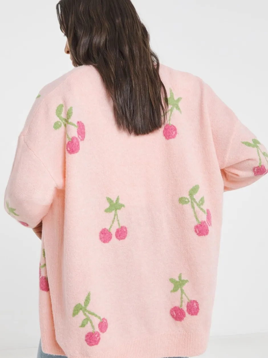 Gebreide Kleding|Simply Be Cherry Print Boyfriend Cardigan