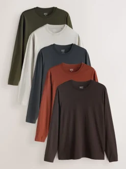 T-Shirts En Hemden*Next - Normale Pasvorm - verpakking van 5 regular-fit T-shirts met lange mouwen van 100% katoen Slate/Green/Ecru/Orange/Brown