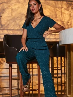Jumpsuits En Playsuits|Sosandar - Glinsterende jumpsuit met overslagfrontje