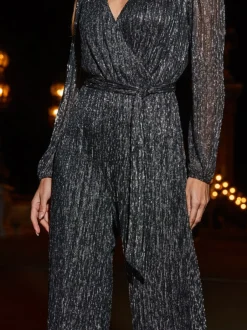 Jumpsuits En Playsuits|Sosandar glitter plissé jumpsuit met overslag en wijde pijpen