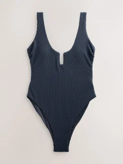 Badkleding|Next - Buikbedekkend badpak met ruime ronde hals Staalblauw gegolfd