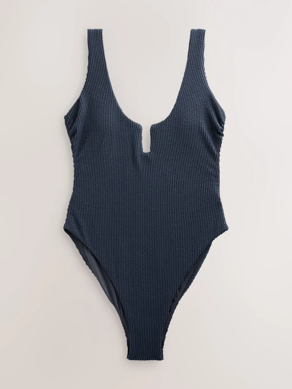 Badkleding|Next - Buikbedekkend badpak met ruime ronde hals Staalblauw gegolfd