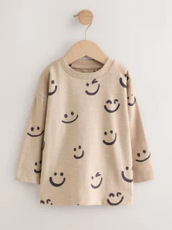 T-Shirts|Tops*Next - 100% katoenen T-shirt met lange mouwen en all-over print (3mnd -7jr) Steenkleurige Smile