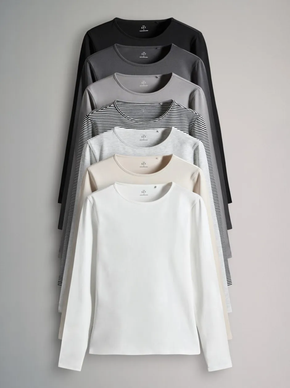 Tops En T-Shirts*The Set - - 7 T-shirts met lange mouwen en ronde hals Strepen/Zwart/Grijs/Wit