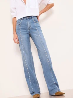 Jeans|Lipsy - Wide Leg Jeans Studded Mid Wash Blue