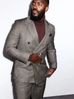 Pakken*Next Taupe bruin - Double Breasted Signature Marzotto 100% Italian Wool Herringbone Suit Jacket